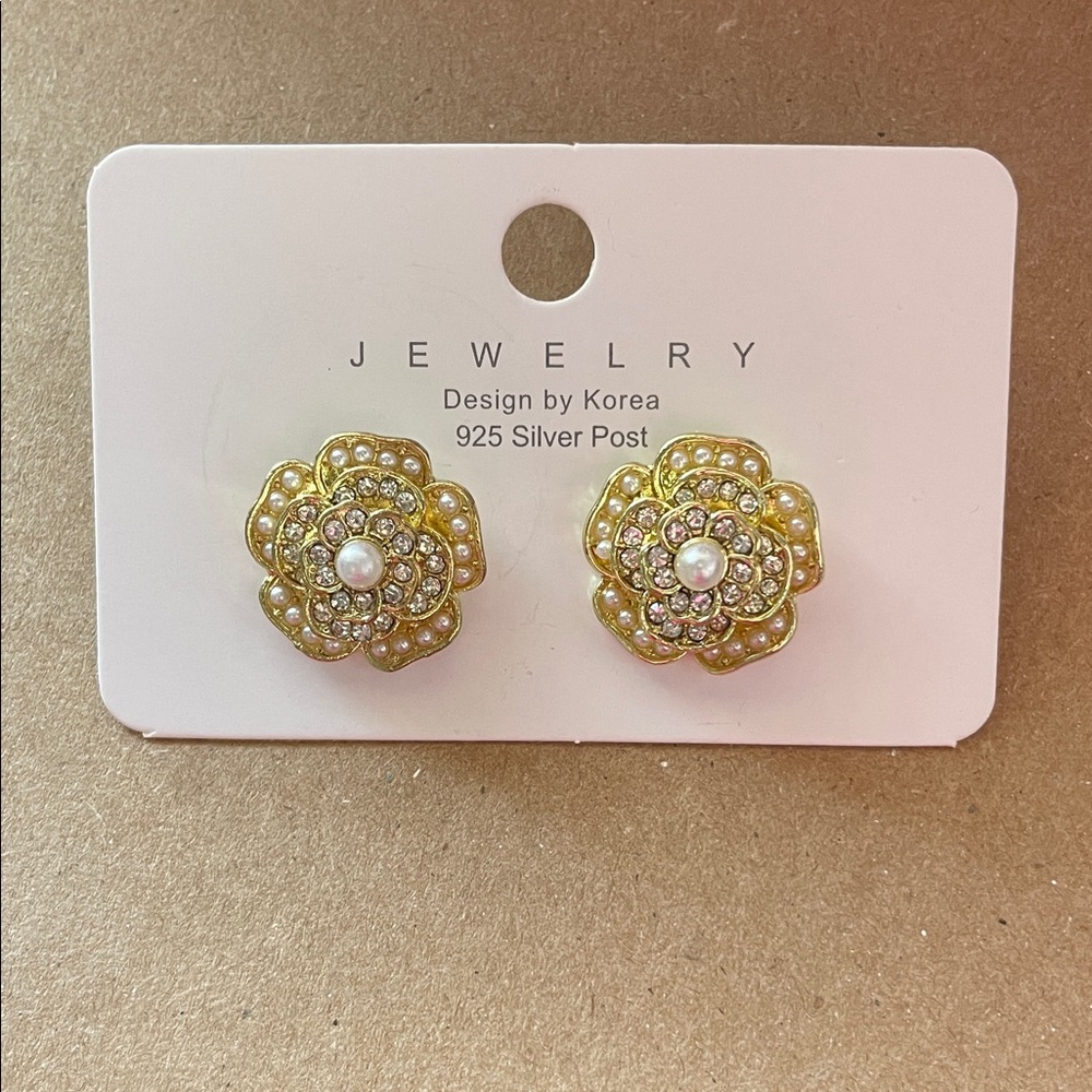 Gold Floral Pearl & Crystal Stud Earrings
